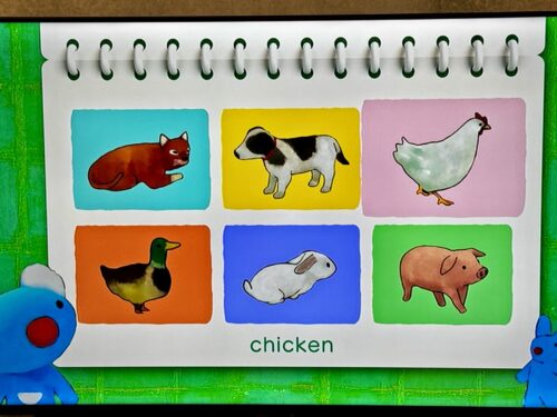 ペネロペが動物の英単語の説明をしている画像です。