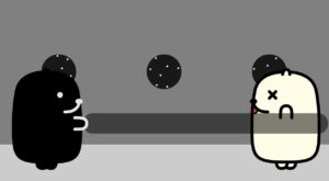 黒いキャラクターが白いキャラクターを攻撃している画像です。