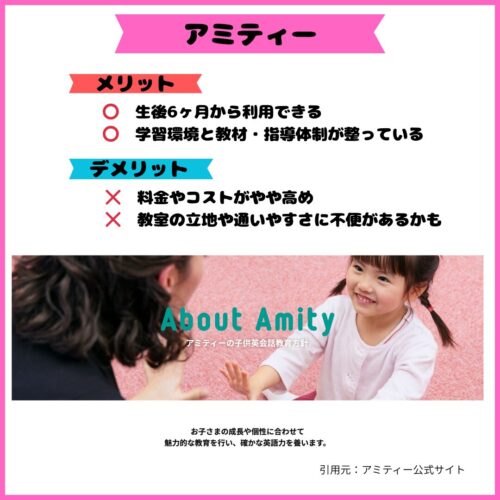 【アミティーのメリット・デメリット】と書いている画像です。先生と生徒らしき女の子の画像です。