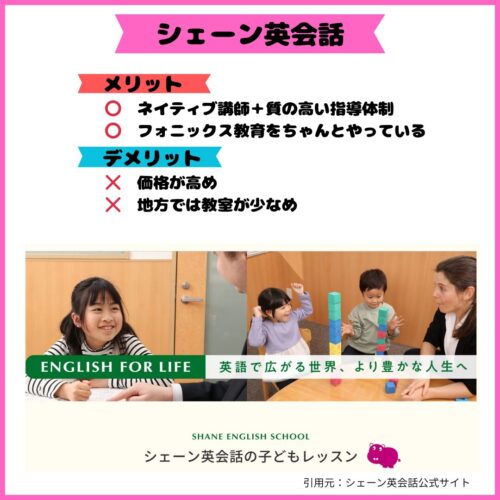 シェーンの英語教室のホームページの画像とメリットデメリットを書いている画像です。